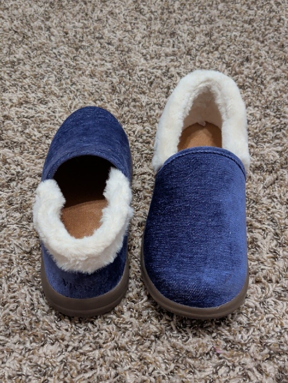 Vionic Clare cozy denin navy blue plush faux fur lined slip on slippers - Picture 7 of 9
